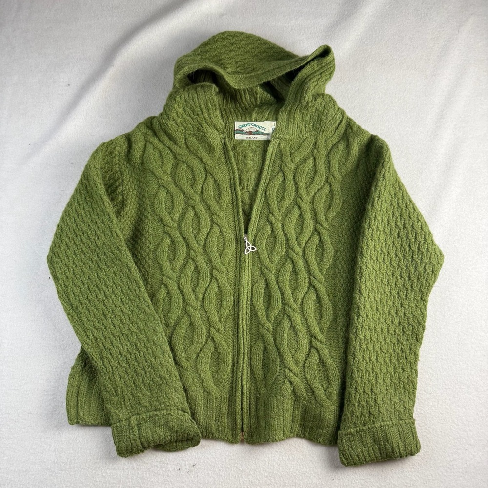 Aran Crafts Ireland 100% Merino Wool Cable Knit Zip Hoodie Green Womens Large